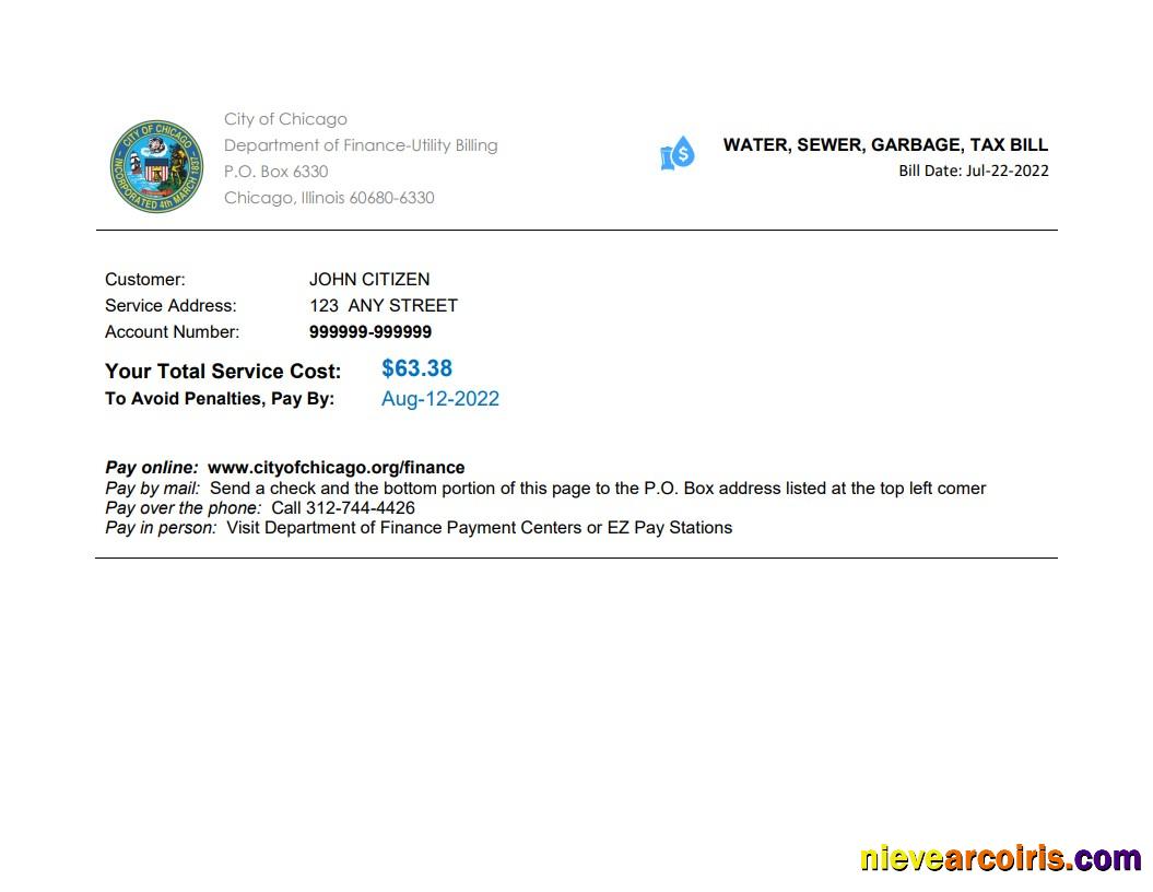 USA Illinois Chicago water, sewer, garbage, tax bill